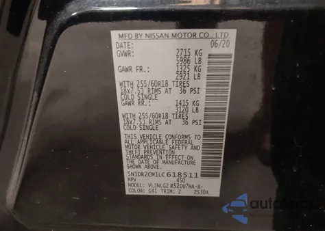 2020 Nissan Pathfinder Sl 4Wd z USA, uszkodzony, nr VIN 5N1DR2CM1LC618511